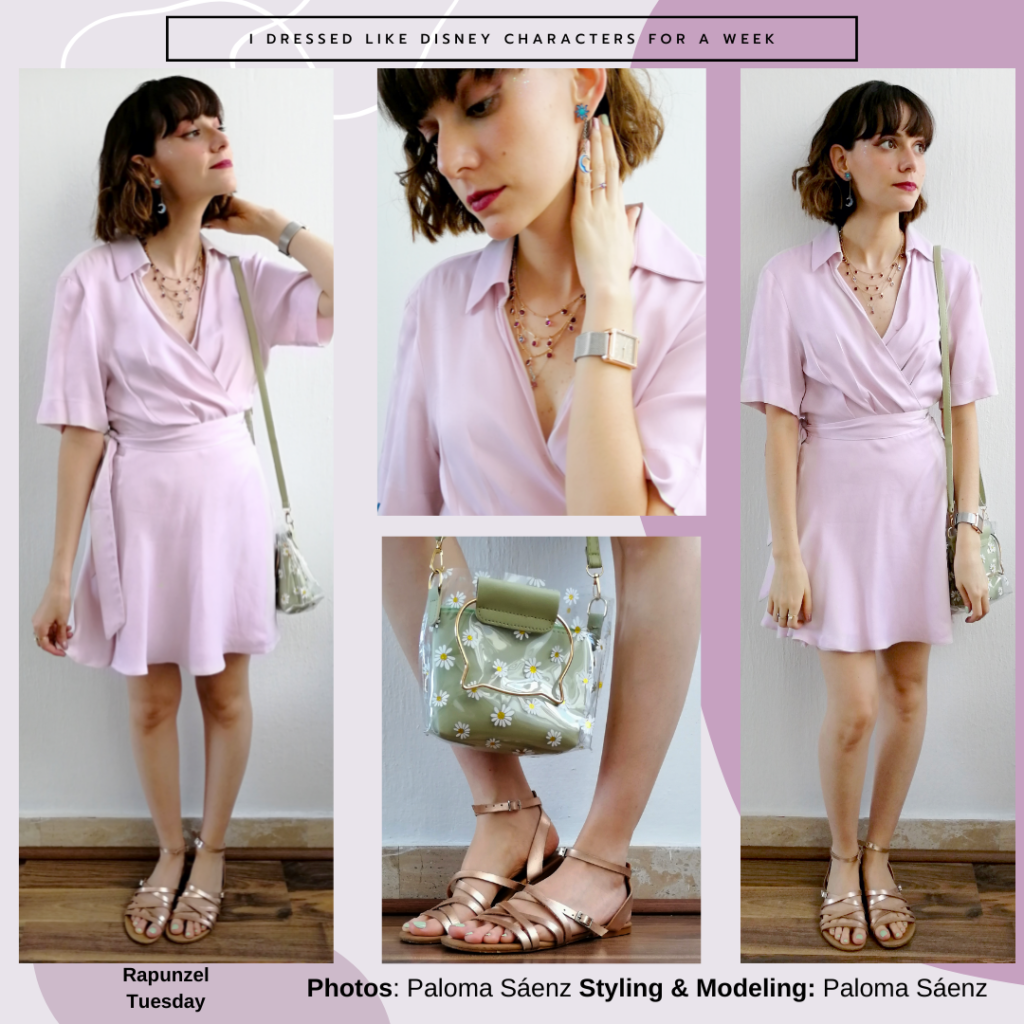 Rapunzel inspired outfit: lilac satin wrap dress, delicate layered necklace, clear green bag with daisy print