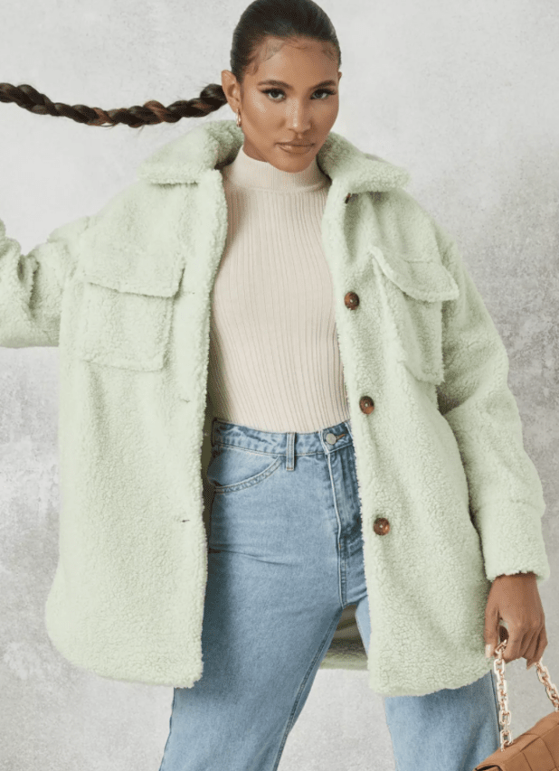 cute shacket outfits - Green long teddy borg shacket from Missguided