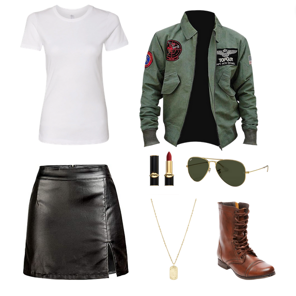 plain white women's t shirt, top gun jacket, shiny leather skirt black, pat mcgrath red lipstick, ray ban aviators top gun, gold dog tag necklace, brown steve madden combat boots