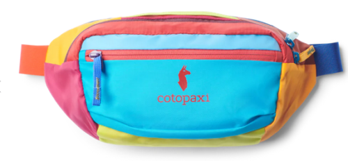 multi tone neon fanny pack that says 'cotopaxi'