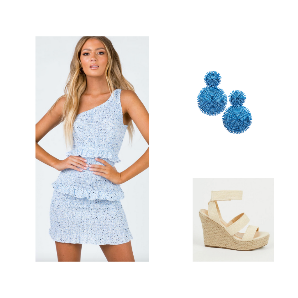 Sorority Rush Outfit for Sisterhood Round - one-shoulder baby blue elastic dress, beaded earrings, nude wedges