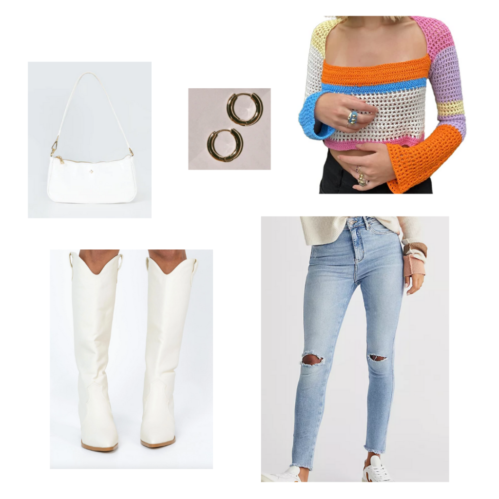 High waisted skinny jeans outfit idea with crochet top, white cowboy boots, mini purse