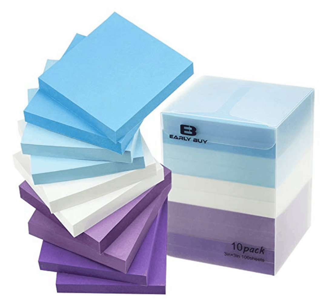 Block of sticky notes in blue, white and purple - college school supplies