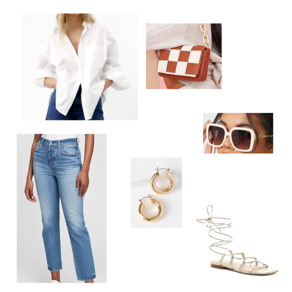 High waisted straight leg jeans outfit with lace-up sandals, oversized white button-down shirt, quilted bag, chunky hoops, white sunglasses