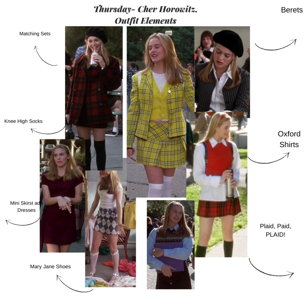 Collage of Cher Horowitz's outfits from Clueless