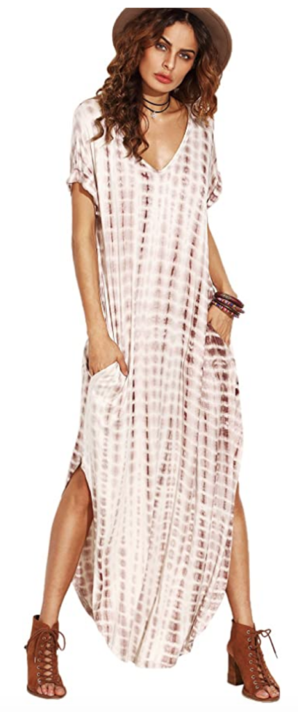 boho outfit ideas - Brown and white tie-dye maxi dress from Amazon