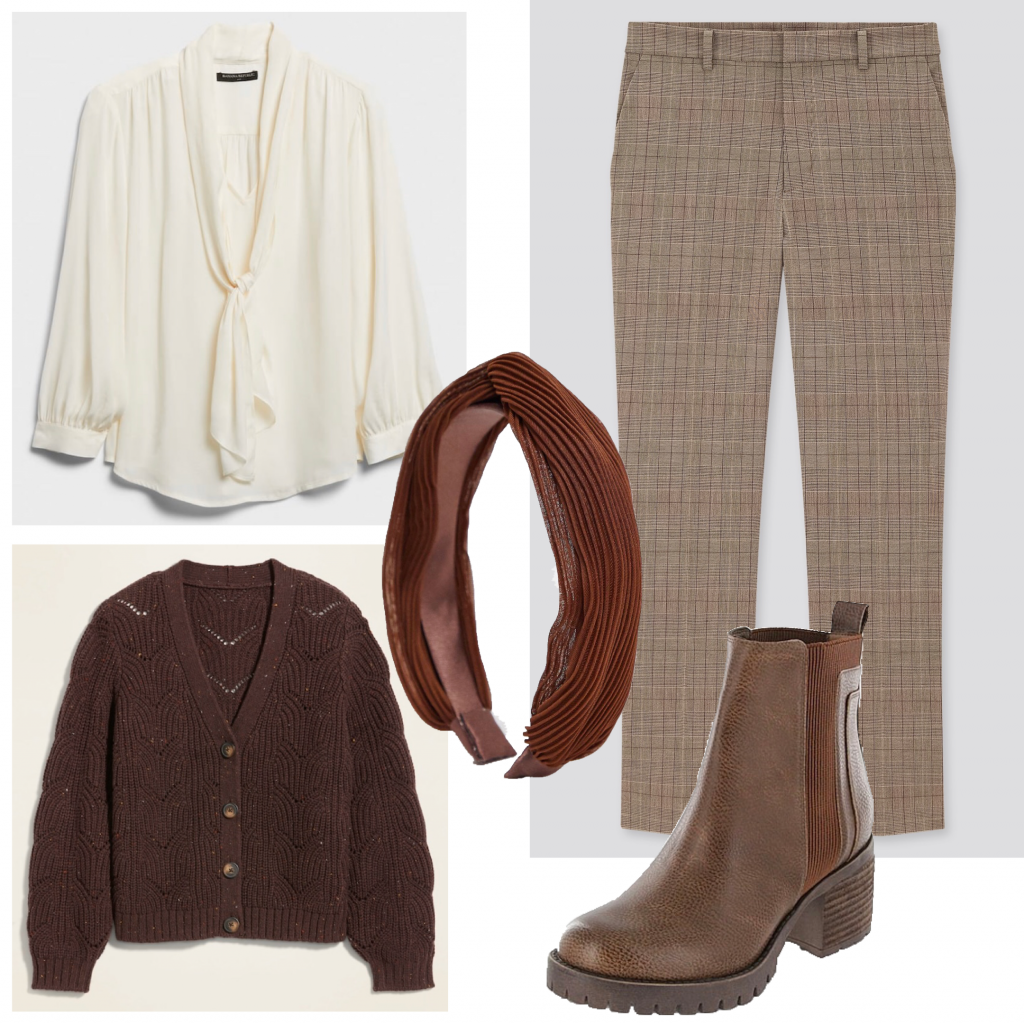 An outfit set with a cream blouse and plaid pants