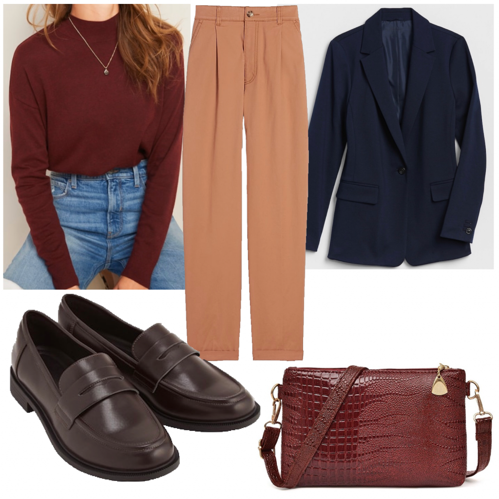 An outfit set with a burgundy turtleneck and a blazer