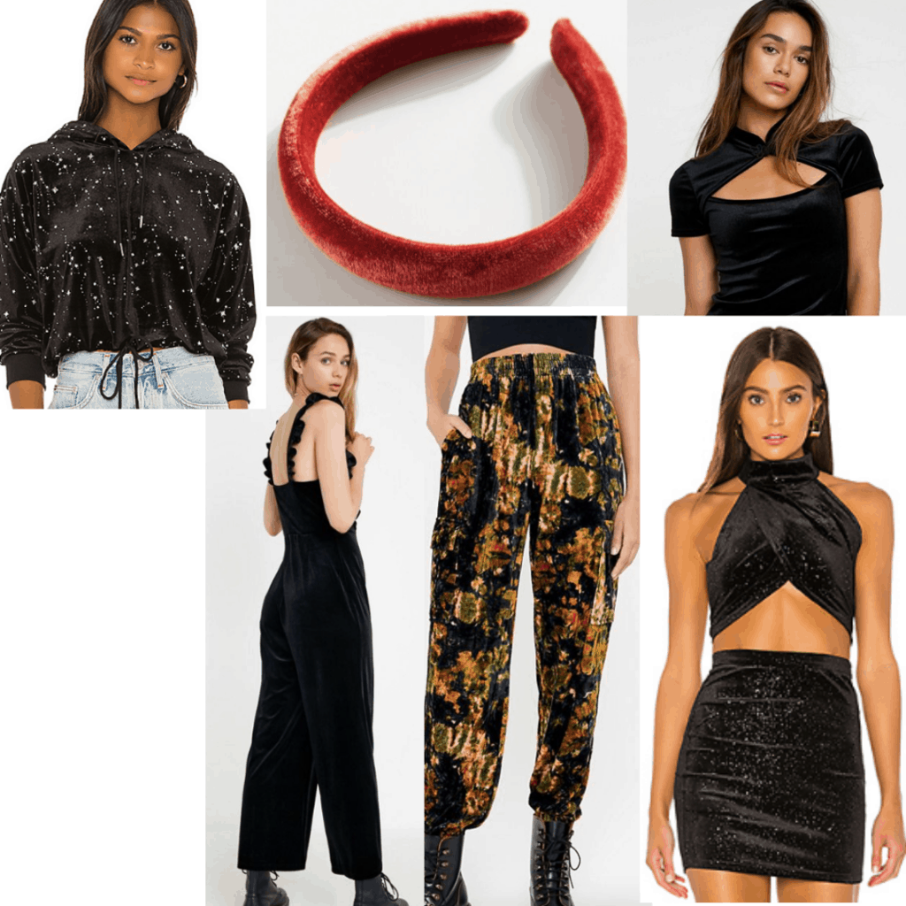 Various velvet items including a cropped sweatshirt, headband, cut open top, jumpsuit, pants and a mini skirt with crop top, velvet suit.