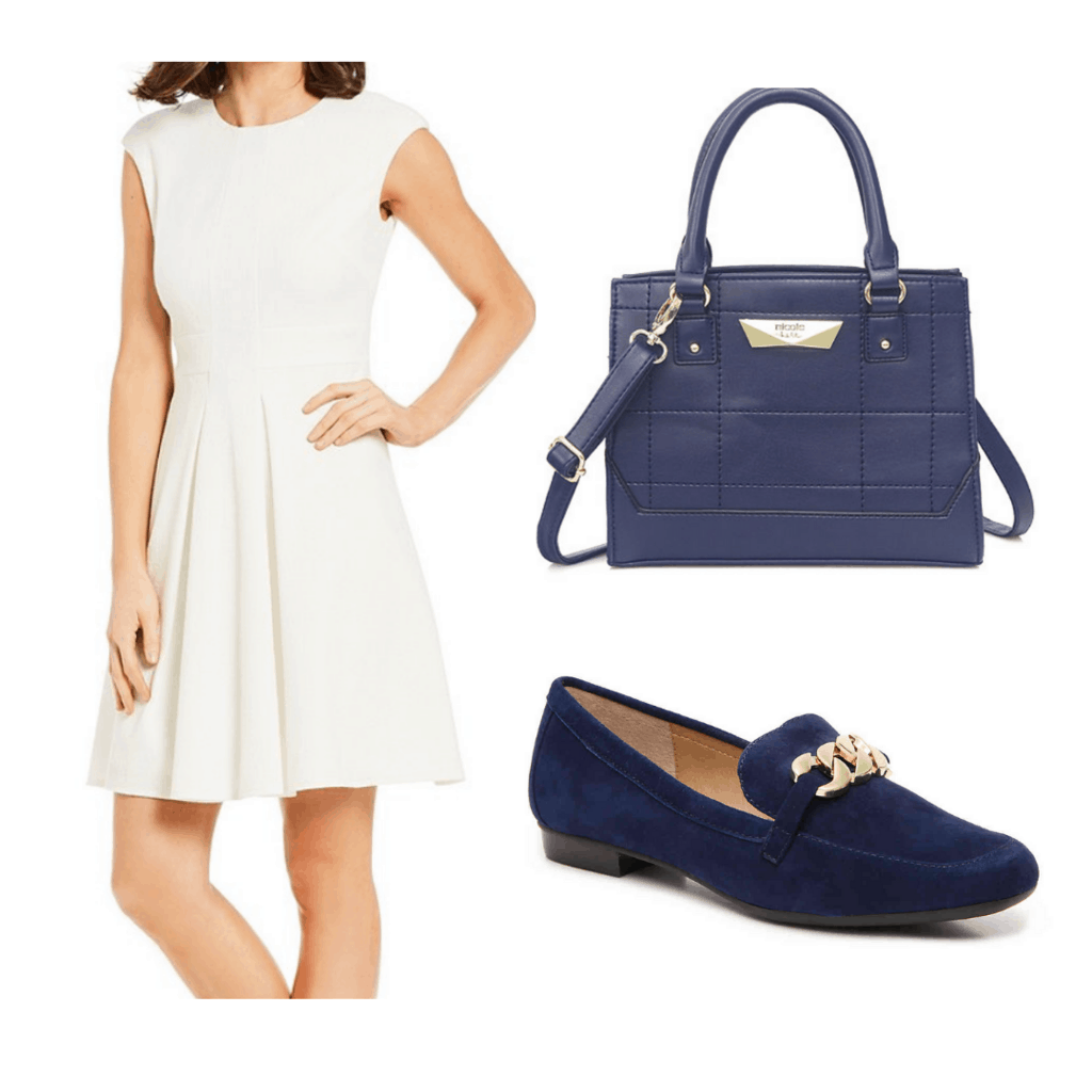 White A-line dress with navy handbag and navy loafers