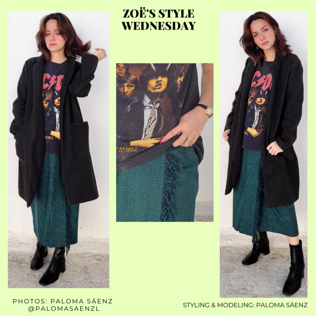 Outfit inspired by Zoe Kravitz' style with long plaid skirt, band tee, oversized cardigan, and black ankle boots