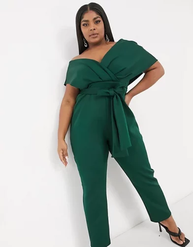 Green off shoulder jumpsuit from ASOS